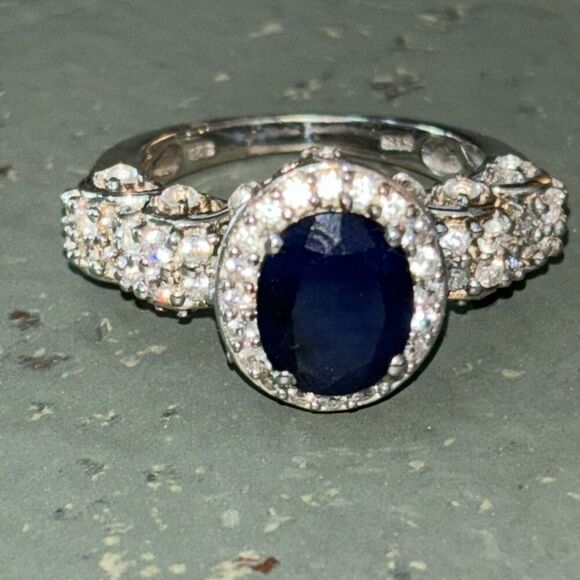 New 925 silver STS medium blue sapphire/ CZ cushion/halo ring Sz 9 fancy setting - Picture 4 of 11